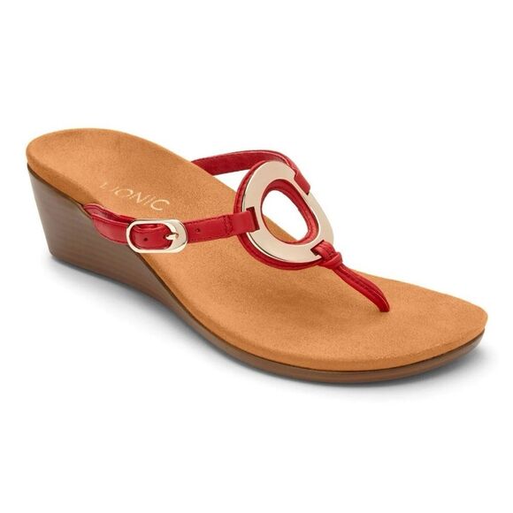 Vionic Red Tan Wedge Sandals with Metallic Accent - Picture 1 of 8